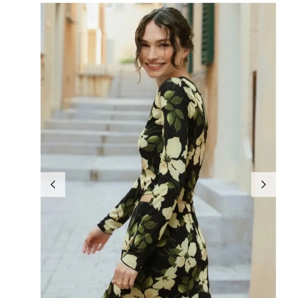 Evereve Z Supply Floral Mesh Two Piece Set Long Sleeve Maxi Skirt Black Yellow